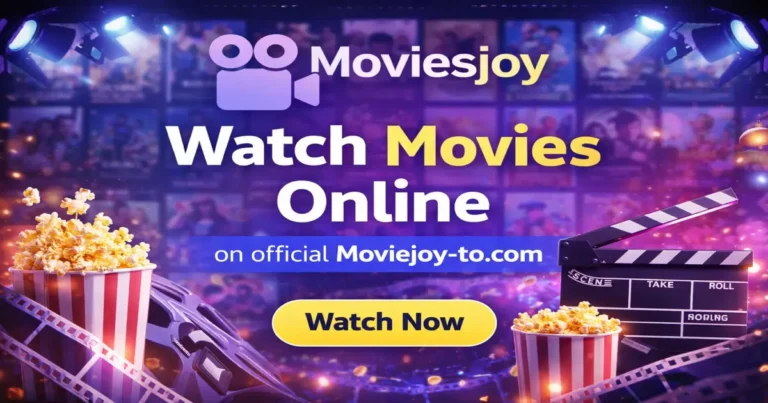Moviesjoy banner showing “Watch Movies Online” with a movie camera icon, popcorn, clapperboard, and streaming theme promoting Moviejoy-to.com.
